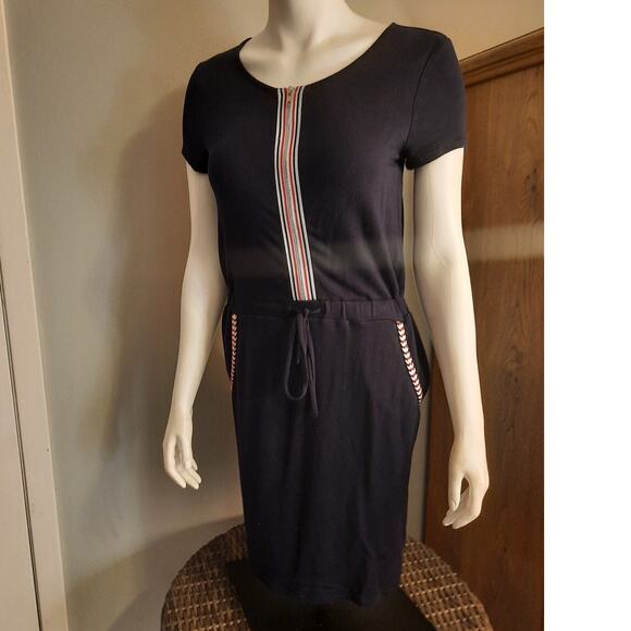 Venus Navy Blue Striped Hem Dress Sz Small Contrast Hem Zipper Fun Cute Sporty - Picture 2 of 13